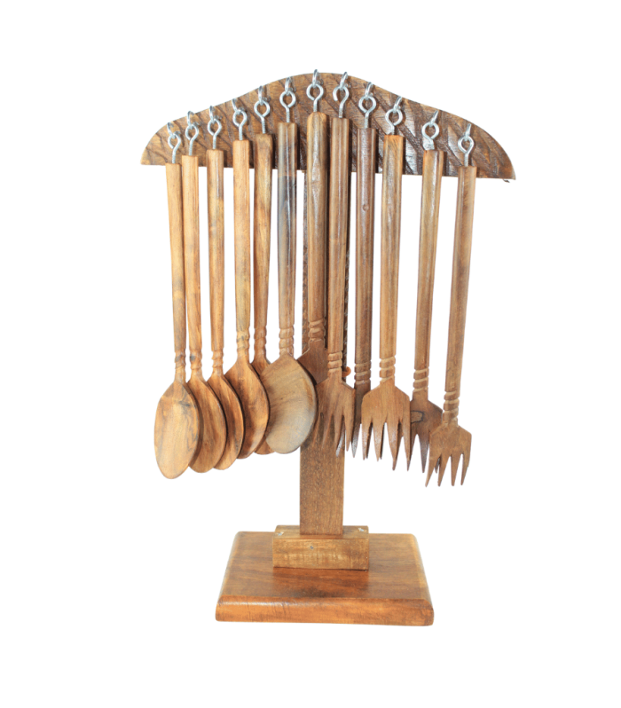 Woodora Decor Wooden Spoon & Fork Set (12 Pieces) with Stand