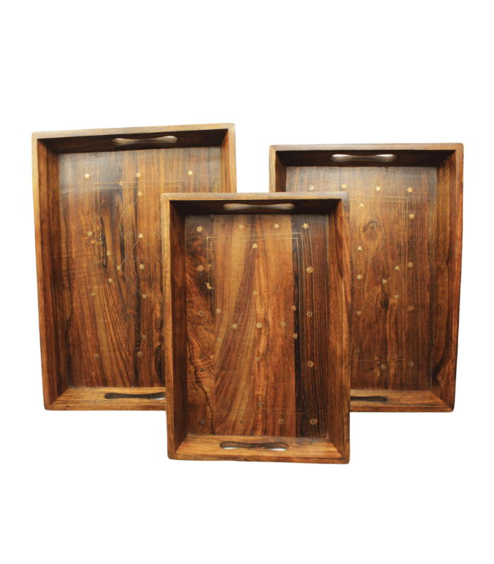 Woodora Decor Wooden Tray Brass Set