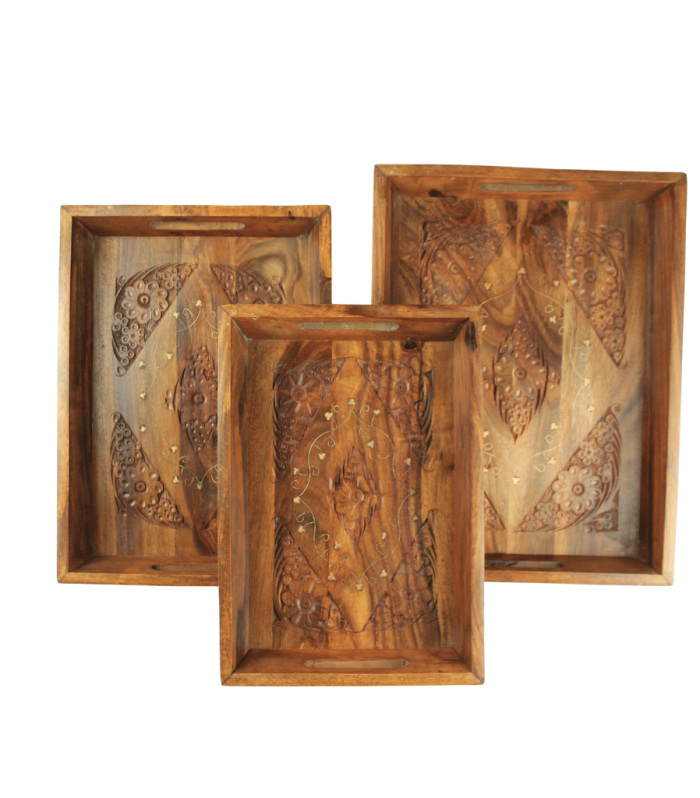 Woodora Decor Wooden Tray Carving Brass Set
