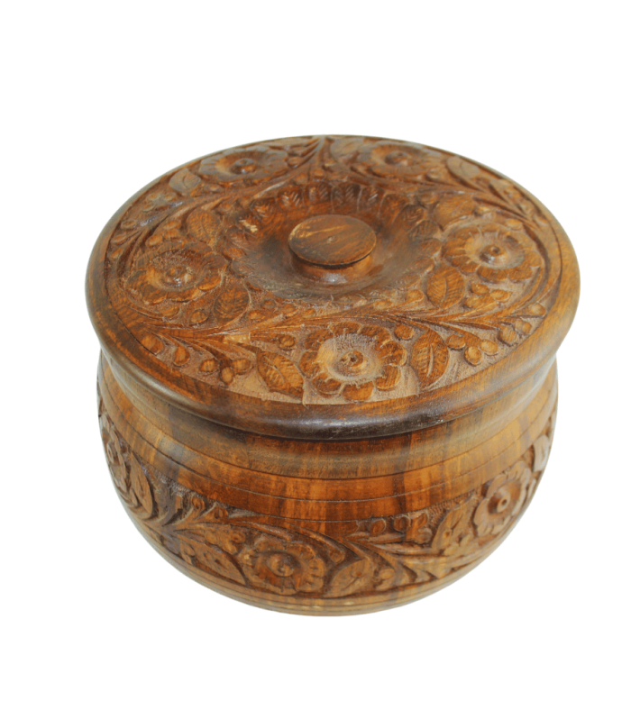 Woodora Decor Wooden Carving Round Jar